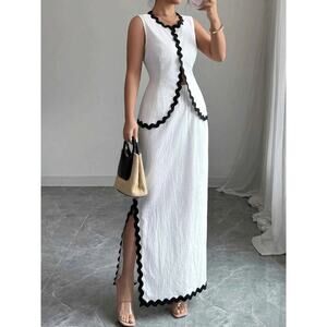 Contrast Scalloped Trim Sleeveless Top and Skirt Set